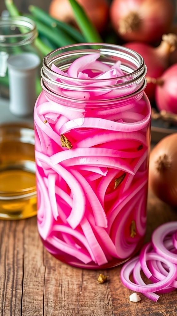 Quick Pickled Onions Recipe A jar of quick pickled onions on a wooden table, surrounded by fresh onions and vinegar.